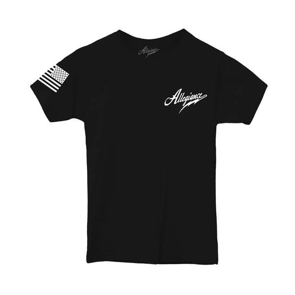 Front view of Allegiance Classic Toddler Tee with white chest logo and American flag sleeve print.