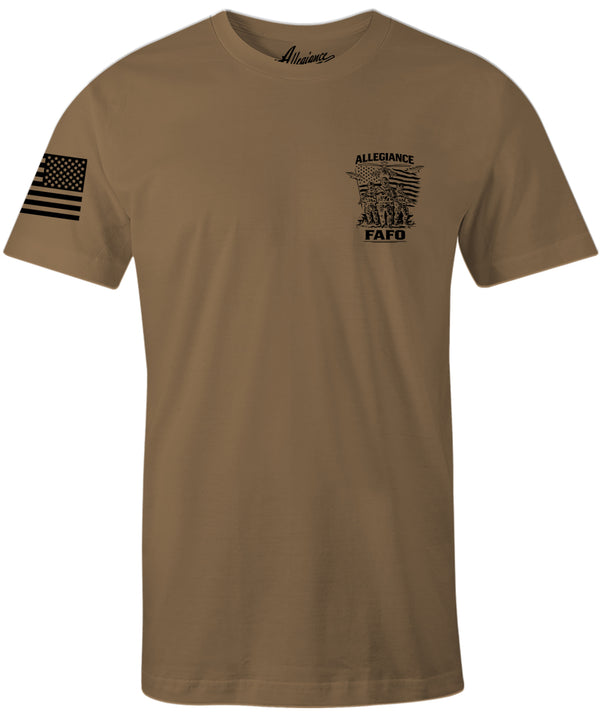 FAFO Premium Tee coyote brown with small front chest print and American flag sleeve detail