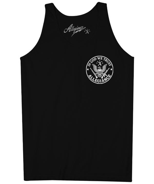 Black tank top with small chest print of eagle seal and 'In God We Trust Allegiance' text