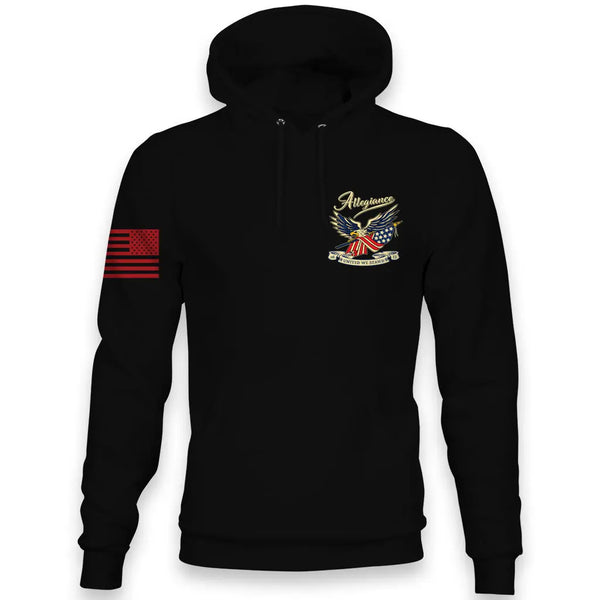 “Front view of Allegiance Loyalty Hoodie with small chest eagle and flag design