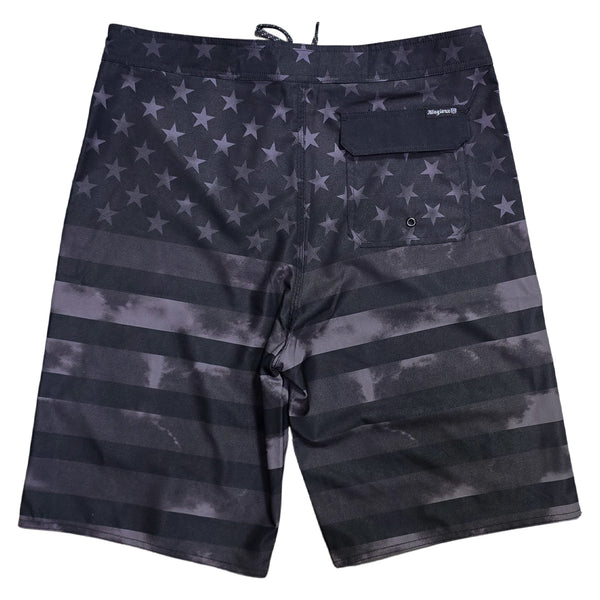 Back of Allegiance Stealth Banner Boardshort with full tonal black American flag graphic and flap-closure drainage pocket.