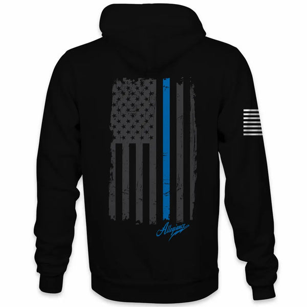 Back view of Allegiance Back the Blue Hoodie with distressed flag and thin blue line design