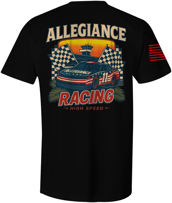 Back view of Allegiance Racing Tee featuring patriotic stock car and checkered flag design with text “Allegiance Racing High Speed”