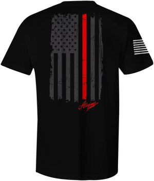 Back of Back the Red Back Hit Tee in black showcasing large grayscale American flag with bold red line and Allegiance logo.