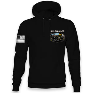 Front view of Allegiance Baja Hoodie with small chest desert truck design
