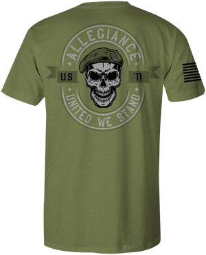 Back of Beret Premium Tee in OD Green featuring large Beret logo graphic
