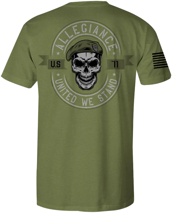 Back of Beret Premium Tee in OD Green featuring large Beret logo graphic
