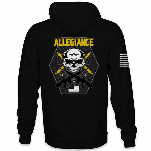 Back view of Allegiance Bolt Hoodie with skull, lightning bolts, rifles, and U.S. flag graphic
