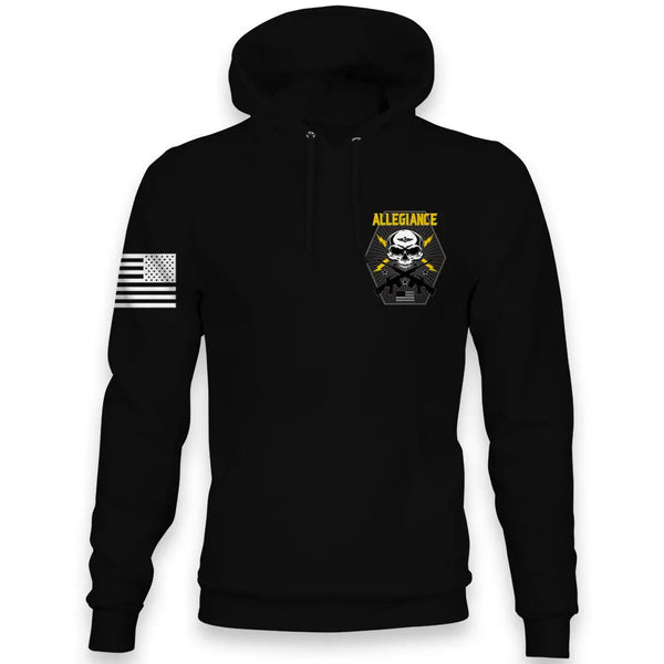 Front view of Allegiance Bolt Hoodie with small chest skull bolt design