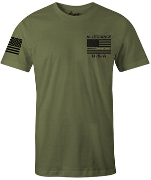 Front of Camo Line Back Hit Premium Tee in OD Green with small camo stripe chest logo and flag sleeve