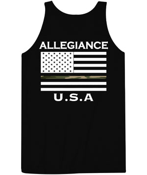 “Back view of Camo Line Back Hit Tank Top featuring large American flag with camo stripe and Allegiance U.S.A. text.