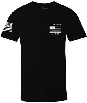 Front of Camo Line Back Hit Tee in black with small digital camo stripe and flag on sleeve