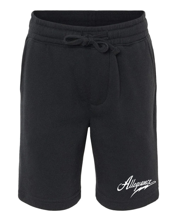 Front view of Allegiance Classic Youth Shorts in black with soft fleece fabric and elastic waistband.