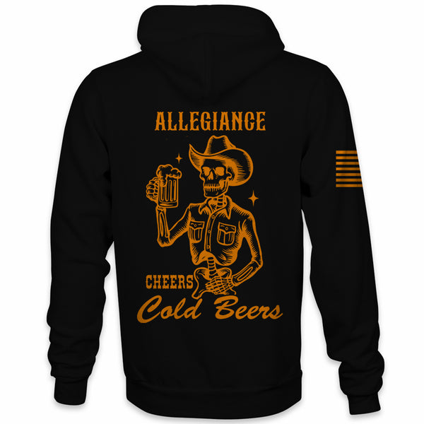 Back view of Allegiance Cold Beer Hoodie with cowboy skeleton and Cheers Cold Beers graphic.