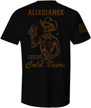Back of Cold Beer Graphic Tee in black showcasing large skeleton raising a beer with "Allegiance" text and Western-style design.