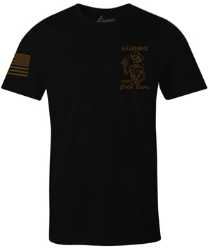 Front of Cold Beer Graphic Tee in black featuring small skeleton holding a beer graphic and American flag. sleeve print.