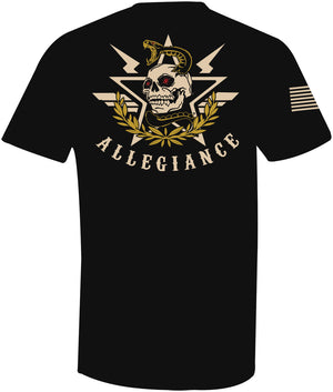 Back of Commando Tee in black showcasing large skull coiled with snake, lightning bolts, laurel leaves, and “Allegiance” text.