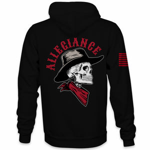 Back view of Allegiance Cowboy Hoodie with skeleton cowboy hat and bandana graphic