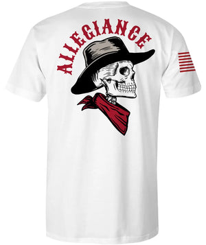 Back of Cowboy Premium Tee in white showing large skeleton cowboy design with hat and bandana beneath bold “Allegiance” text.