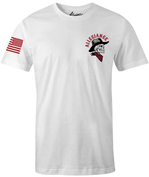 Front of Cowboy Premium Tee in white featuring small skull-in-cowboy-hat chest graphic and American flag printed on the sleeve.