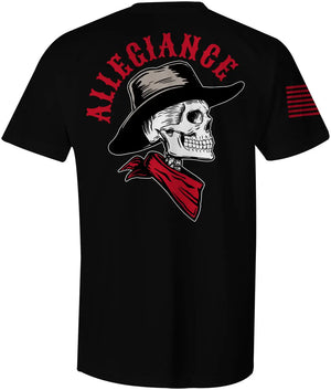 Back of Cowboy Tee in black showing large skull wearing cowboy hat and bandana, with “Allegiance” above the design.