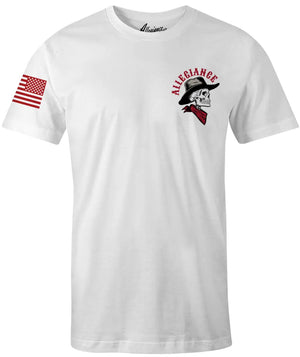 Front of Cowboy Tee in white featuring small skeleton cowboy head graphic and American flag printed on the sleeve.