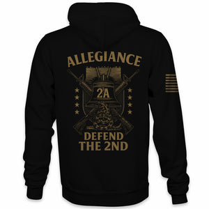 Back view of Allegiance Defend Liberty Hoodie with Liberty Bell, rifles, and rattlesnake graphic
