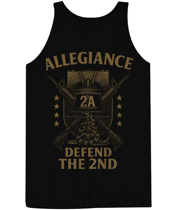 Back of Allegiance Defend Liberty Tank Top featuring Liberty Bell, rifles, rattlesnake, and Defend the 2nd graphic