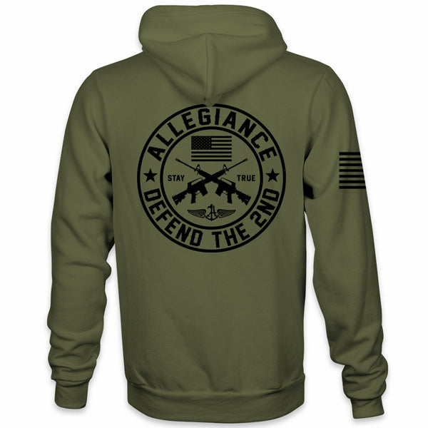Green hoodie with 'Defend the 2nd' logo and American flag on the back, and a smaller logo on the front.