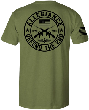 Back of Defend The 2nd Premium Tee in OD Green featuring large 2nd Amendment graphic