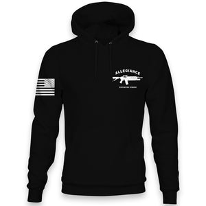 Front view of Allegiance Dishonor Hoodie with small chest rifle design