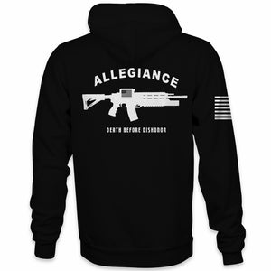 Back view of Allegiance Dishonor Hoodie with rifle and Death Before Dishonor graphic