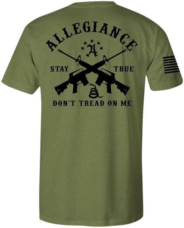 Back of Don't Tread Premium Tee in OD Green featuring large Don't Tread On Me graphic