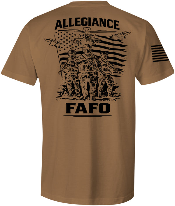 FAFO Premium Tee in coyote brown featuring military operators and American flag back graphic