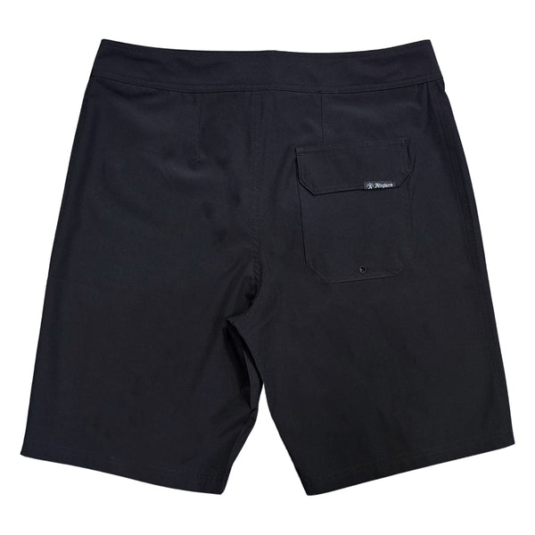 Back of Black Allegiance Good Times Board Shorts featuring a flap-closure drainage pocket and performance quick-dry material.