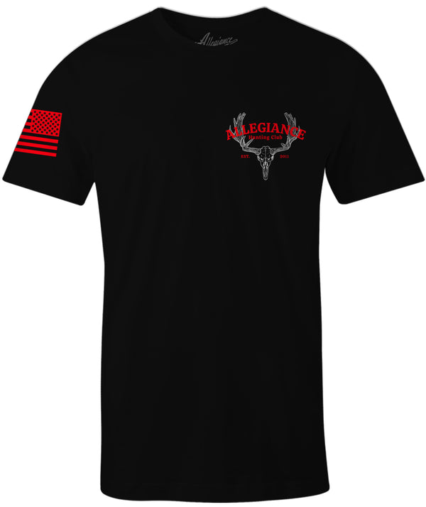 Front of Hunting Club Graphic Tee in black with small Allegiance chest logo and American flag sleeve print