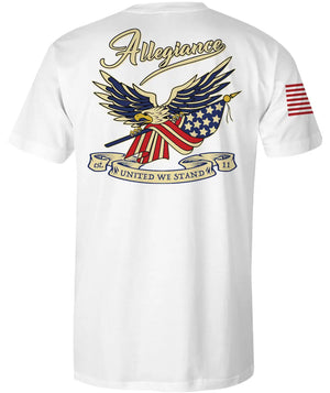 Back of Loyalty Premium Tee in white showcasing large bald eagle graphic clutching crossed American flags with bold Allegiance script and "United We Stand" banner.