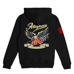 Patriotic Loyalty Youth Hoodie back graphic featuring eagle holding American flag.