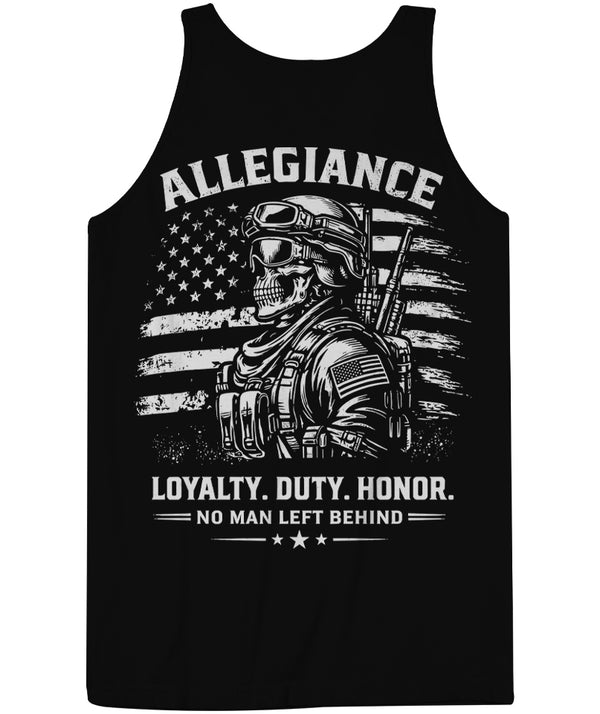No Man Left Tank Top black featuring operator skull graphic and American flag back design