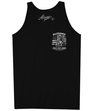No Man Left black tank top with small front chest print