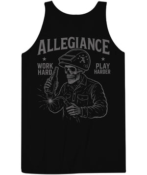 Allegiance Play Harder Tank black featuring skeleton welder graphic and “Work Hard Play Harder” design on back
