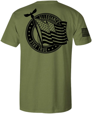 Back of Pledge Premium Tee in OD Green showcasing large Pledge logo symbolizing commitment and national pride.