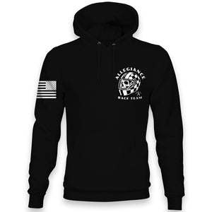 Front view of Allegiance Race Team Hoodie with small chest racing graphic