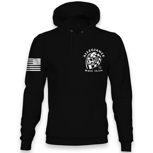 Front view of Allegiance Race Team Hoodie with small chest racing graphic