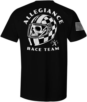 Back view of Allegiance Race Team Tee featuring skull in checkered racing helmet design.