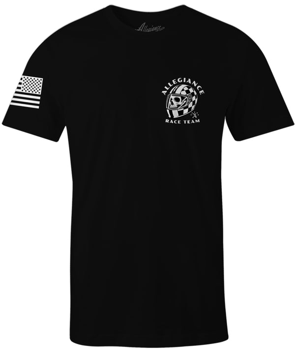 Front view of Allegiance Race Team Tee with small left chest logo and American flag on sleeve.