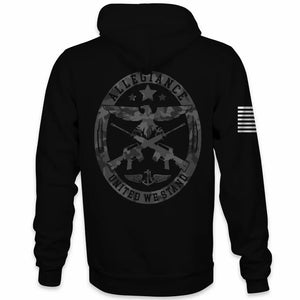 Back view of Allegiance Seal 2.0 Hoodie with eagle crest, rifles, camo seal, and United We Stand graphic