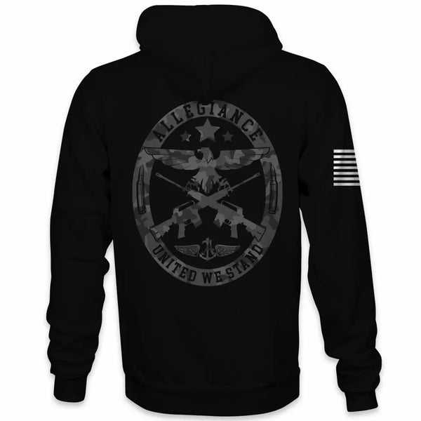 Back view of Allegiance Seal 2.0 Hoodie with eagle crest, rifles, camo seal, and United We Stand graphic