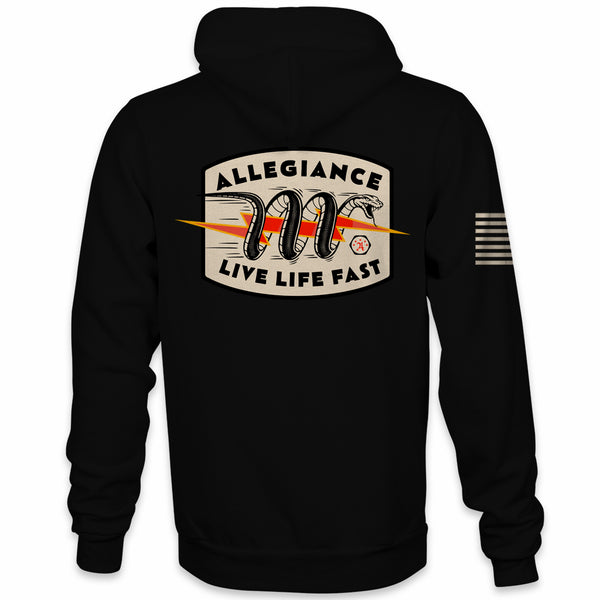 Back view of Allegiance Snake Bite Hoodie with coiled snake and Live Life Fast graphic