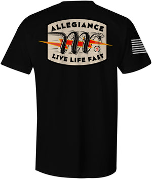 Back of Snake Bite Tee in black showcasing large coiled snake graphic with "Live Life Fast" message and Allegiance logo.